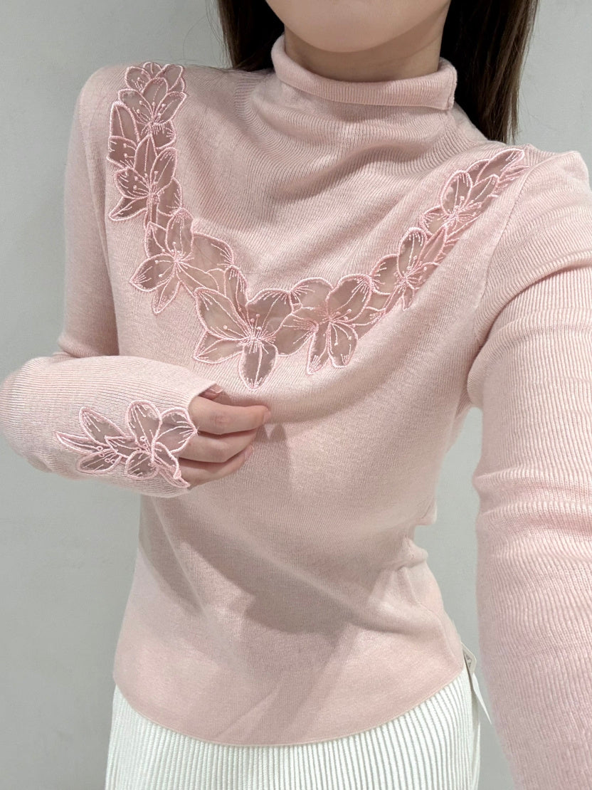 【tops】ハイネックレースドッキングニットトップス Q9157