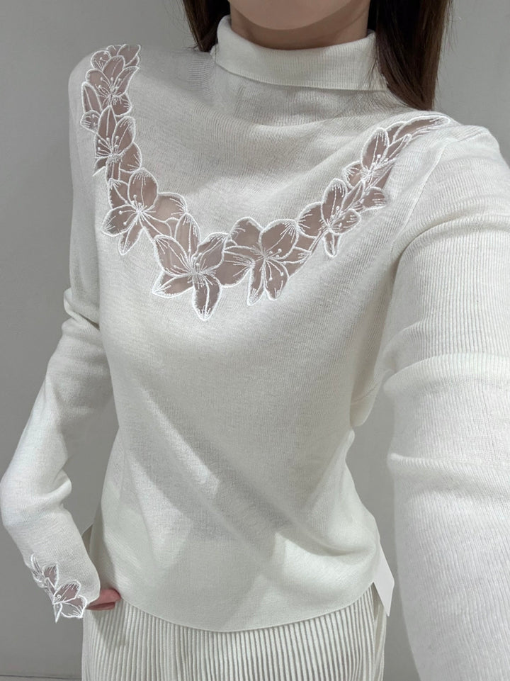 【tops】ハイネックレースドッキングニットトップス Q9157