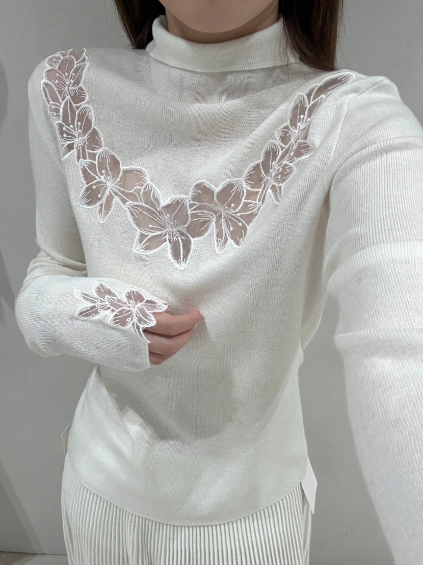 【tops】ハイネックレースドッキングニットトップス Q9157