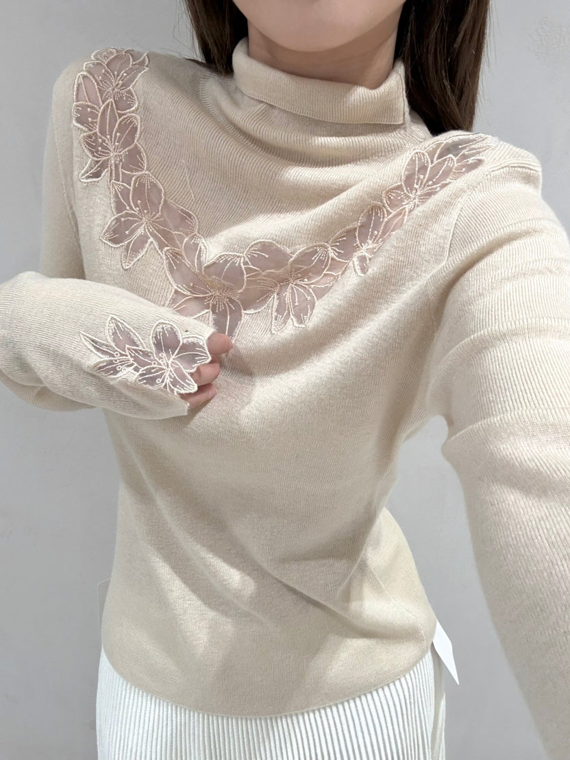 【tops】ハイネックレースドッキングニットトップス Q9157