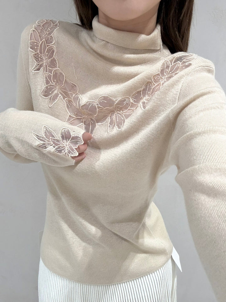 【tops】ハイネックレースドッキングニットトップス Q9157