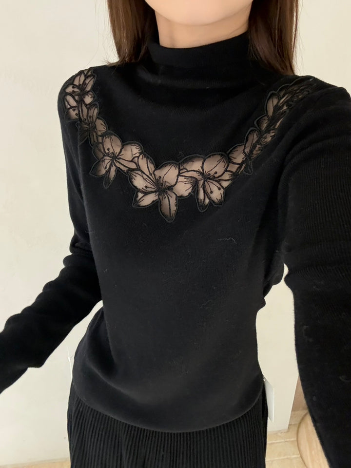 【tops】ハイネックレースドッキングニットトップス Q9157