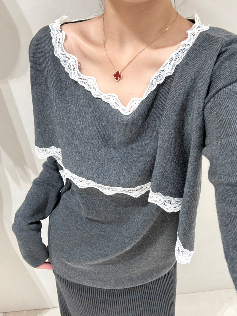 【tops】レースドッキングニットトップス Q9158