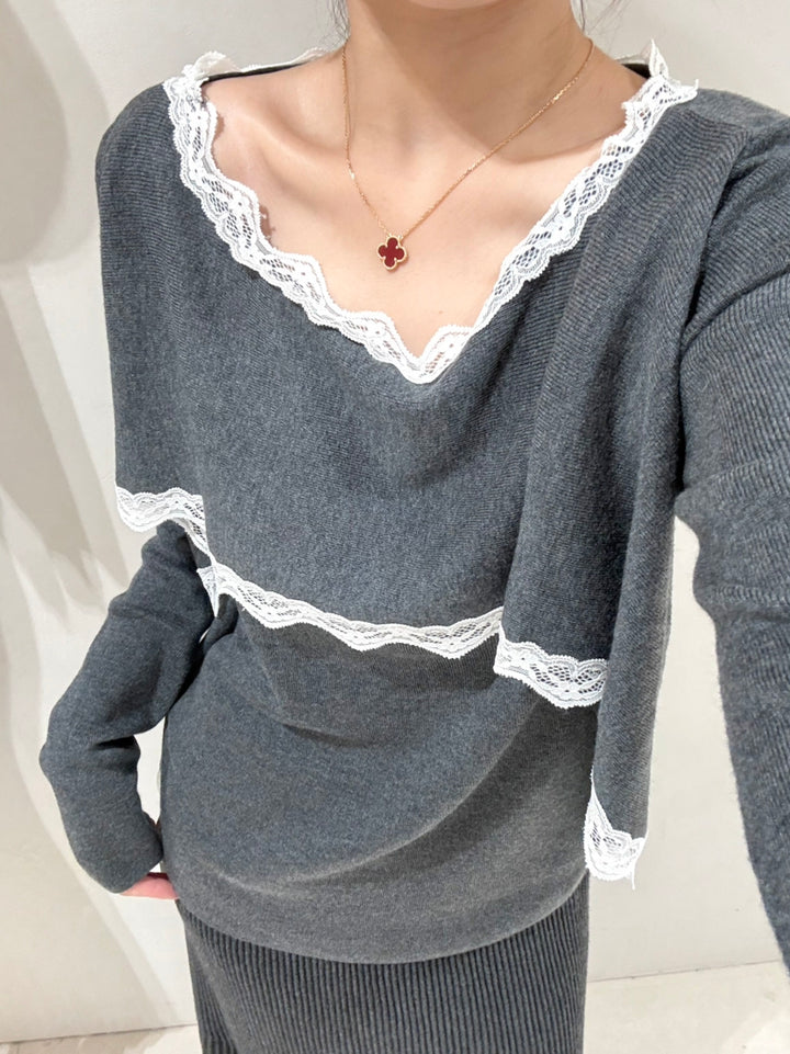 【tops】レースドッキングニットトップス Q9158