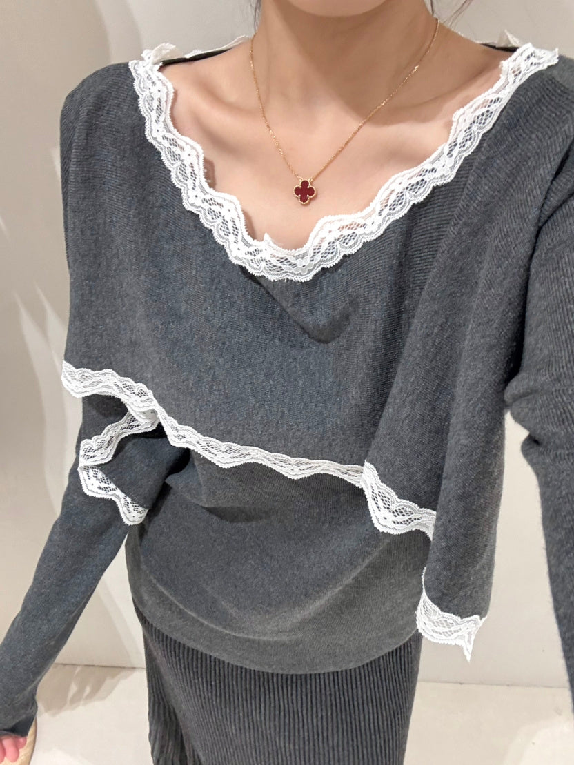【tops】レースドッキングニットトップス Q9158