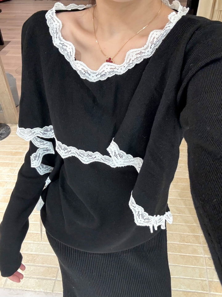 【tops】レースドッキングニットトップス Q9158