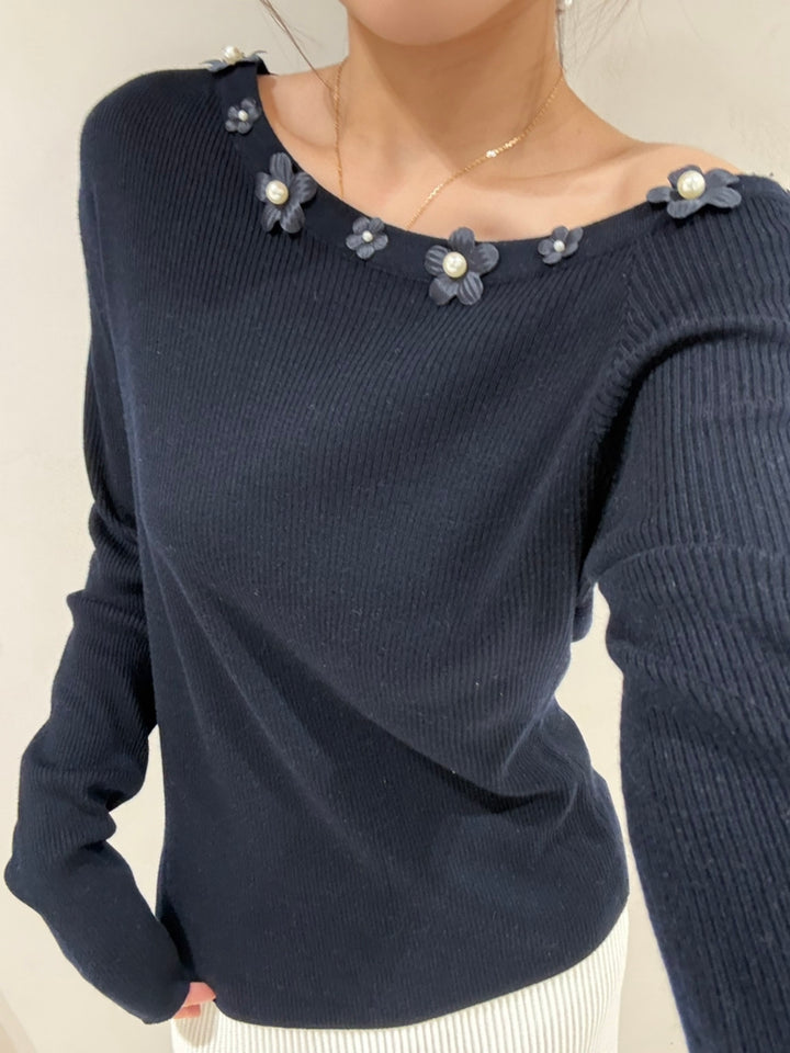 【tops】立体フラワー付きニットトップス Q9159