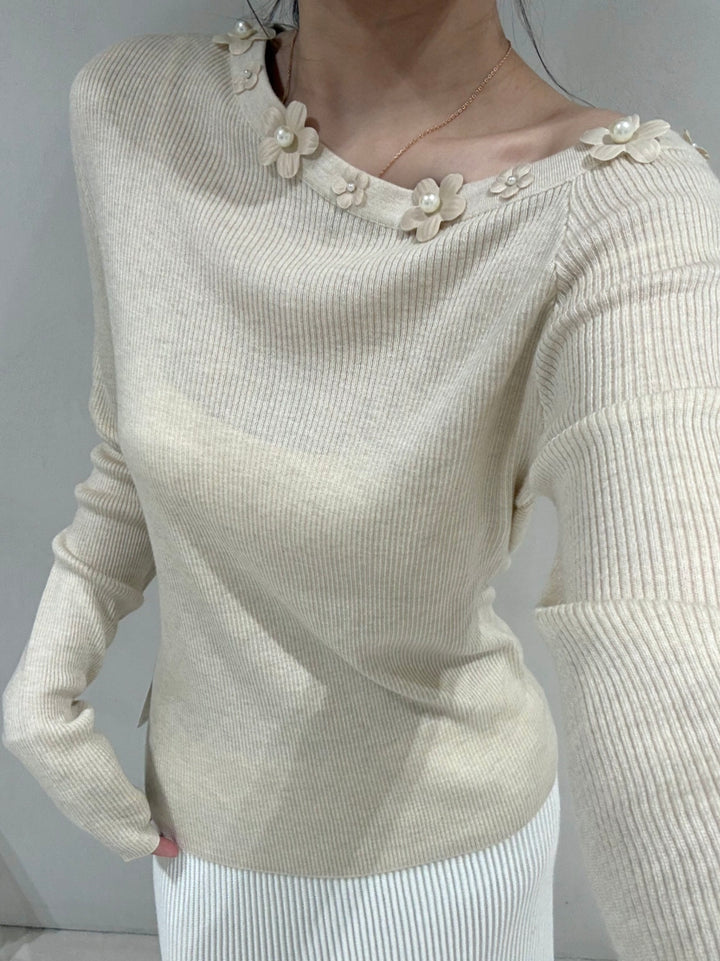 【tops】立体フラワー付きニットトップス Q9159