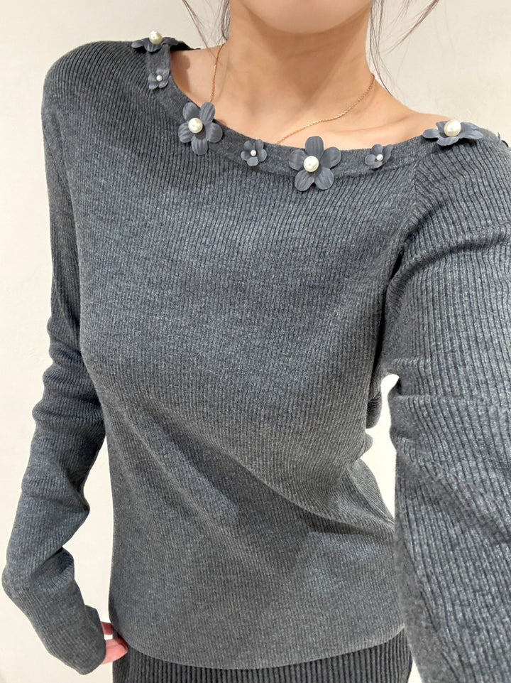 【tops】立体フラワー付きニットトップス Q9159