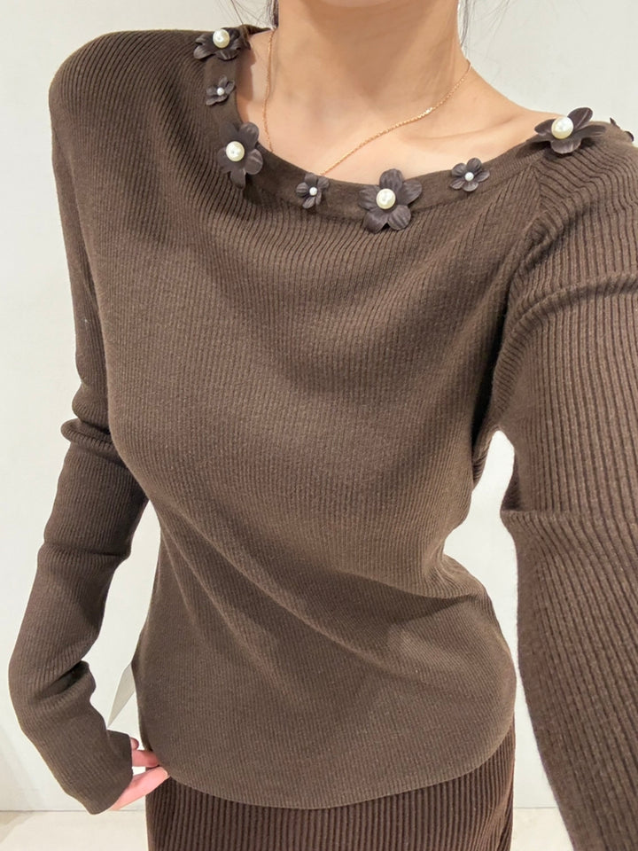 【tops】立体フラワー付きニットトップス Q9159