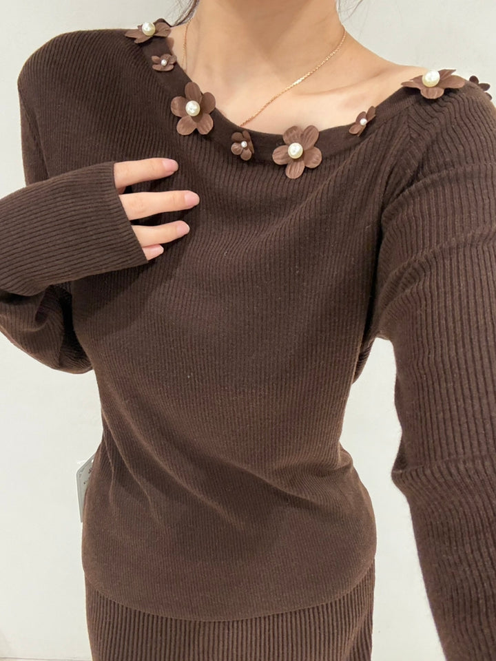 【tops】立体フラワー付きニットトップス Q9159