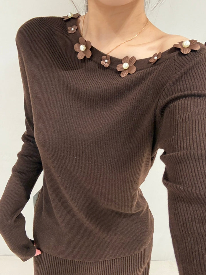 【tops】立体フラワー付きニットトップス Q9159