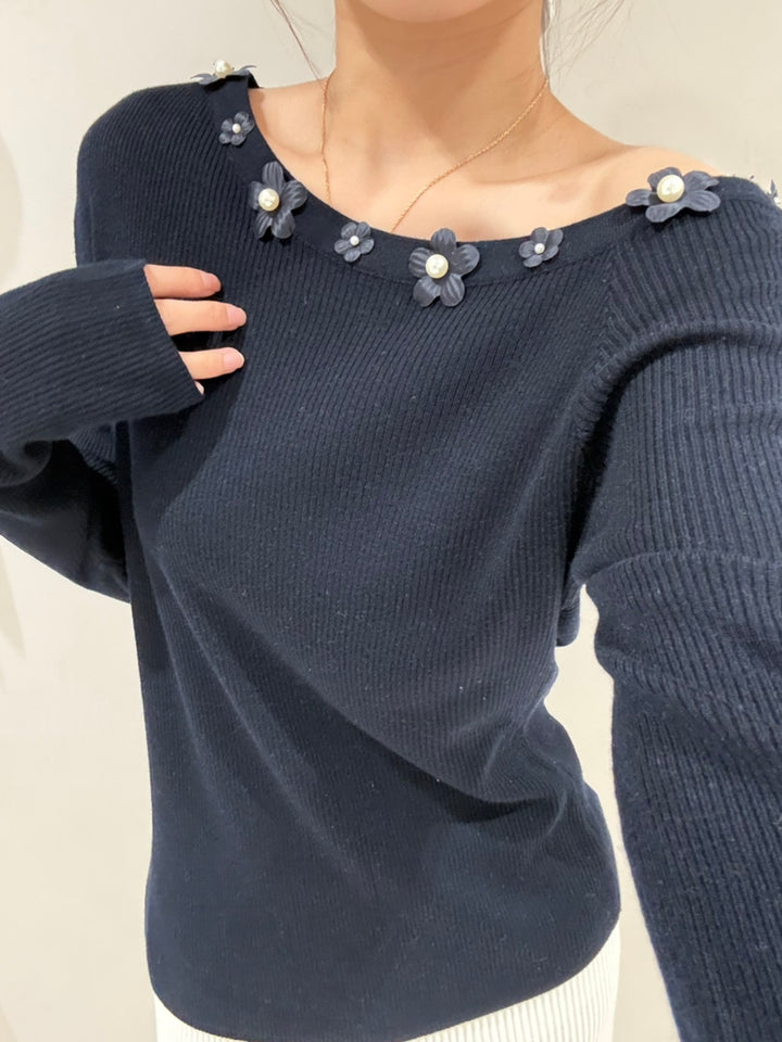 【tops】立体フラワー付きニットトップス Q9159