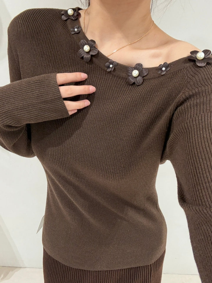 【tops】立体フラワー付きニットトップス Q9159