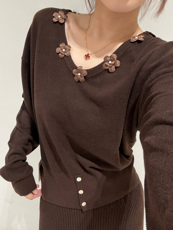 【tops】立体フラワー付きニットトップス Q9160