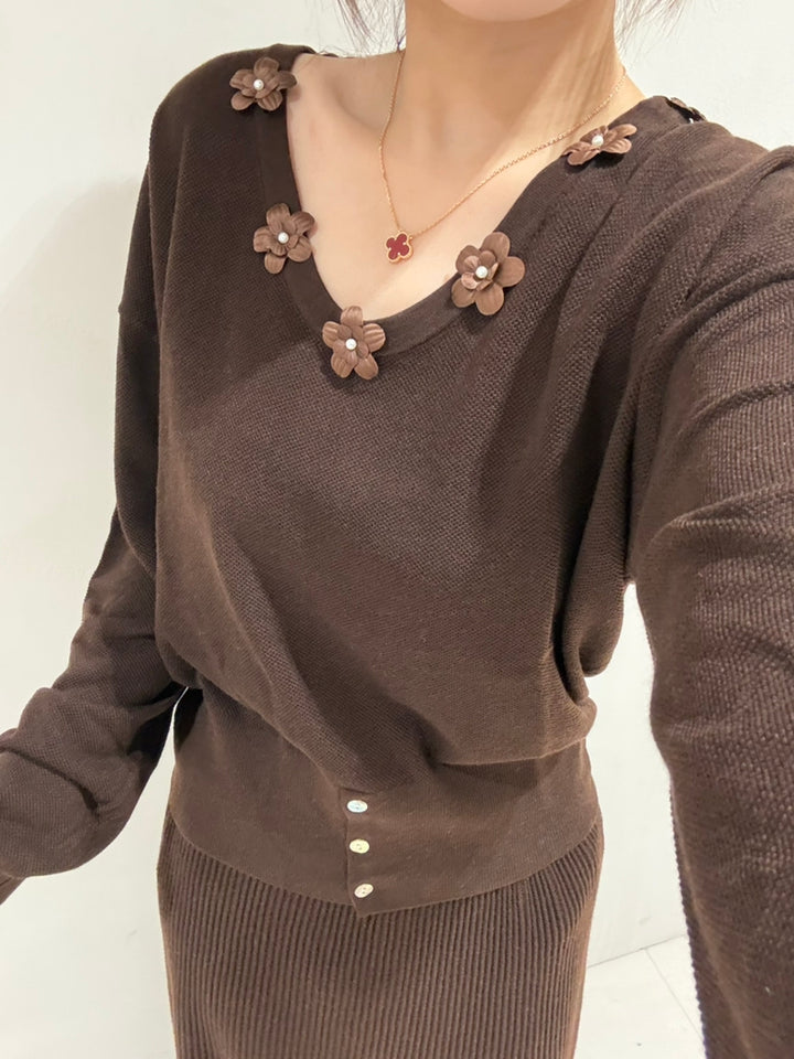 【tops】立体フラワー付きニットトップス Q9160