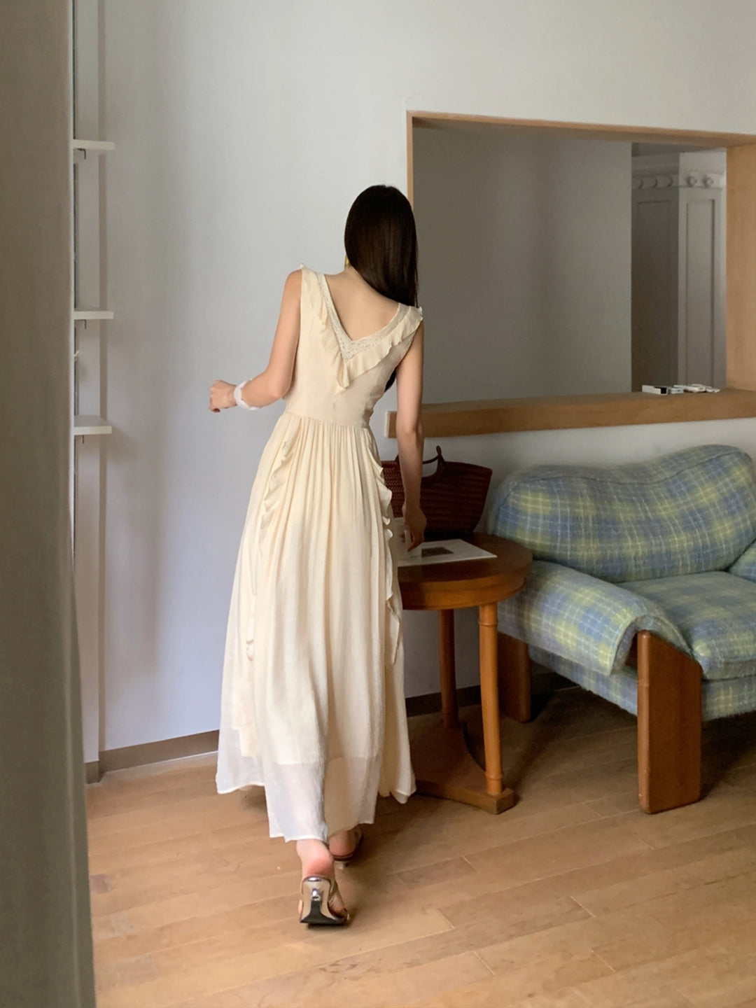 【dress】ノースリーブレースドッキングロングワンピース Q8657