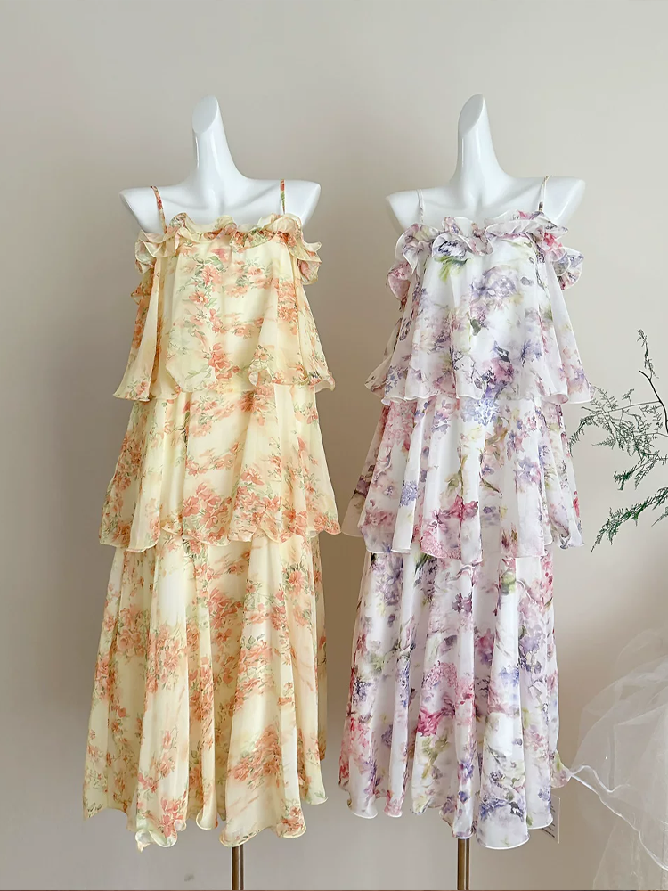 【dress】フラワー柄ギャザーフリルロングキャミワンピース Q8552