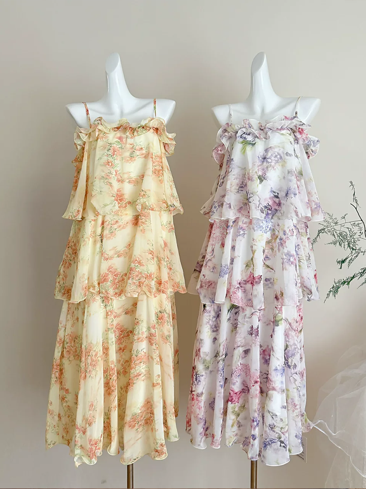 【dress】フラワー柄ギャザーフリルロングキャミワンピース Q8552