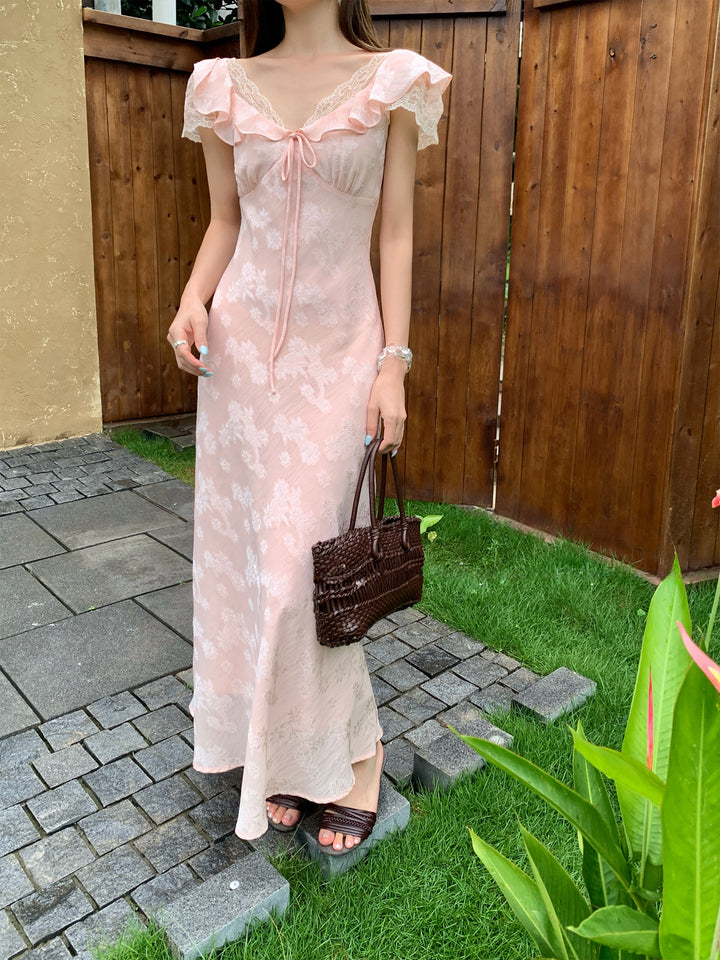 【dress】レースドッキングフラッタースリーブワンピース Q8658