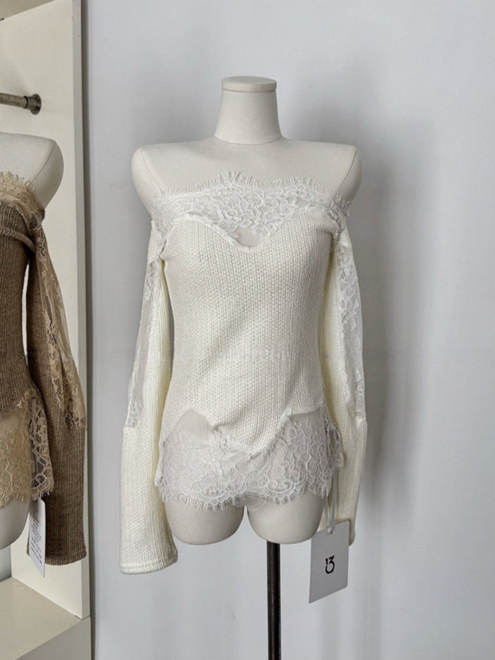 【tops】レースドッキングオフショルダーニットトップス Q9320