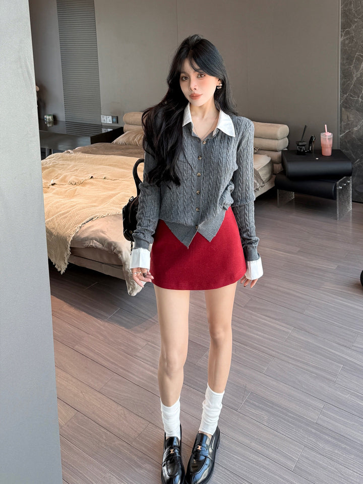 【tops】シャツネックフェイクレイヤードニットトップス Q9186