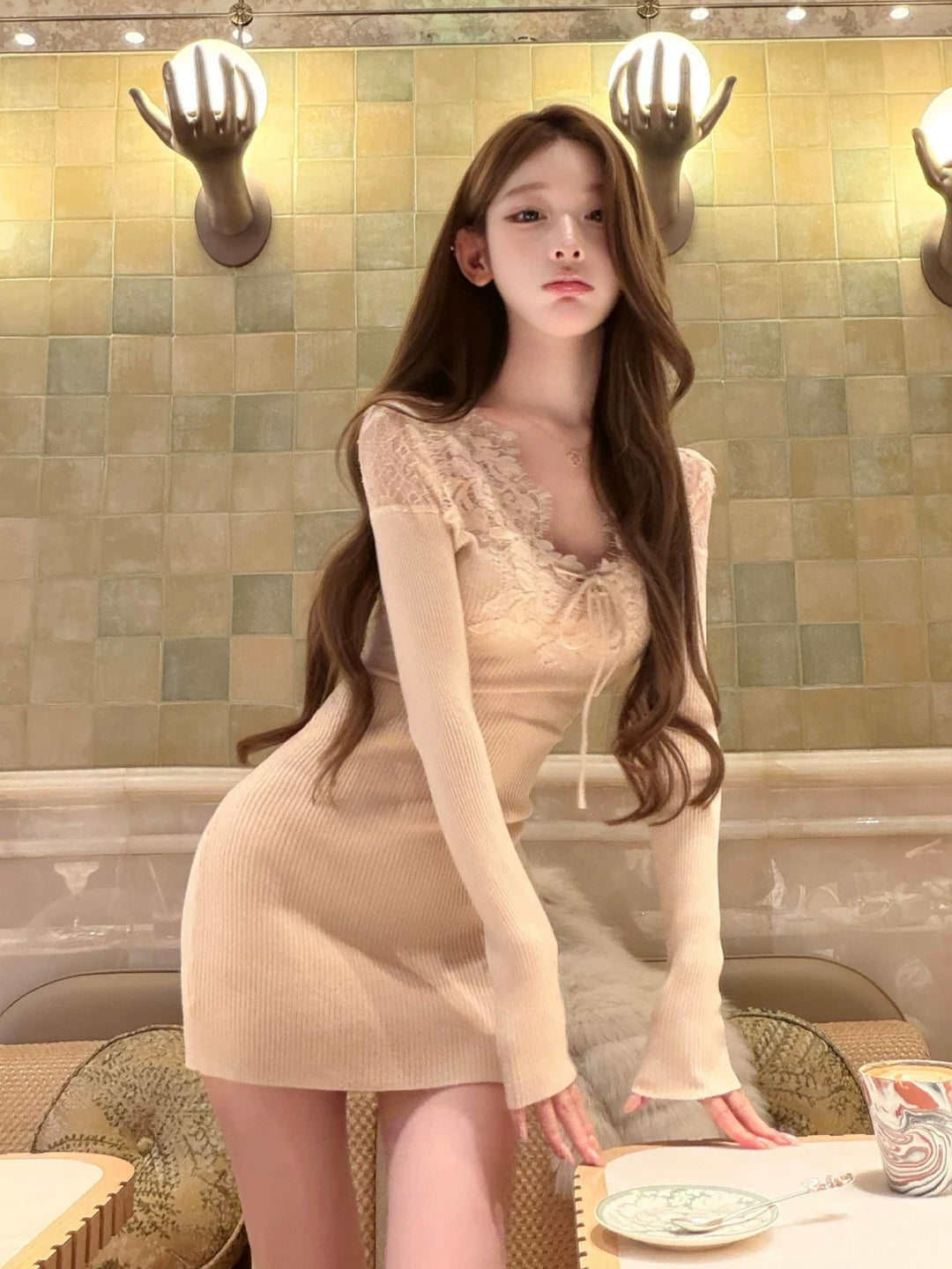 【dress】レースドッキングニットワンピース Q9233
