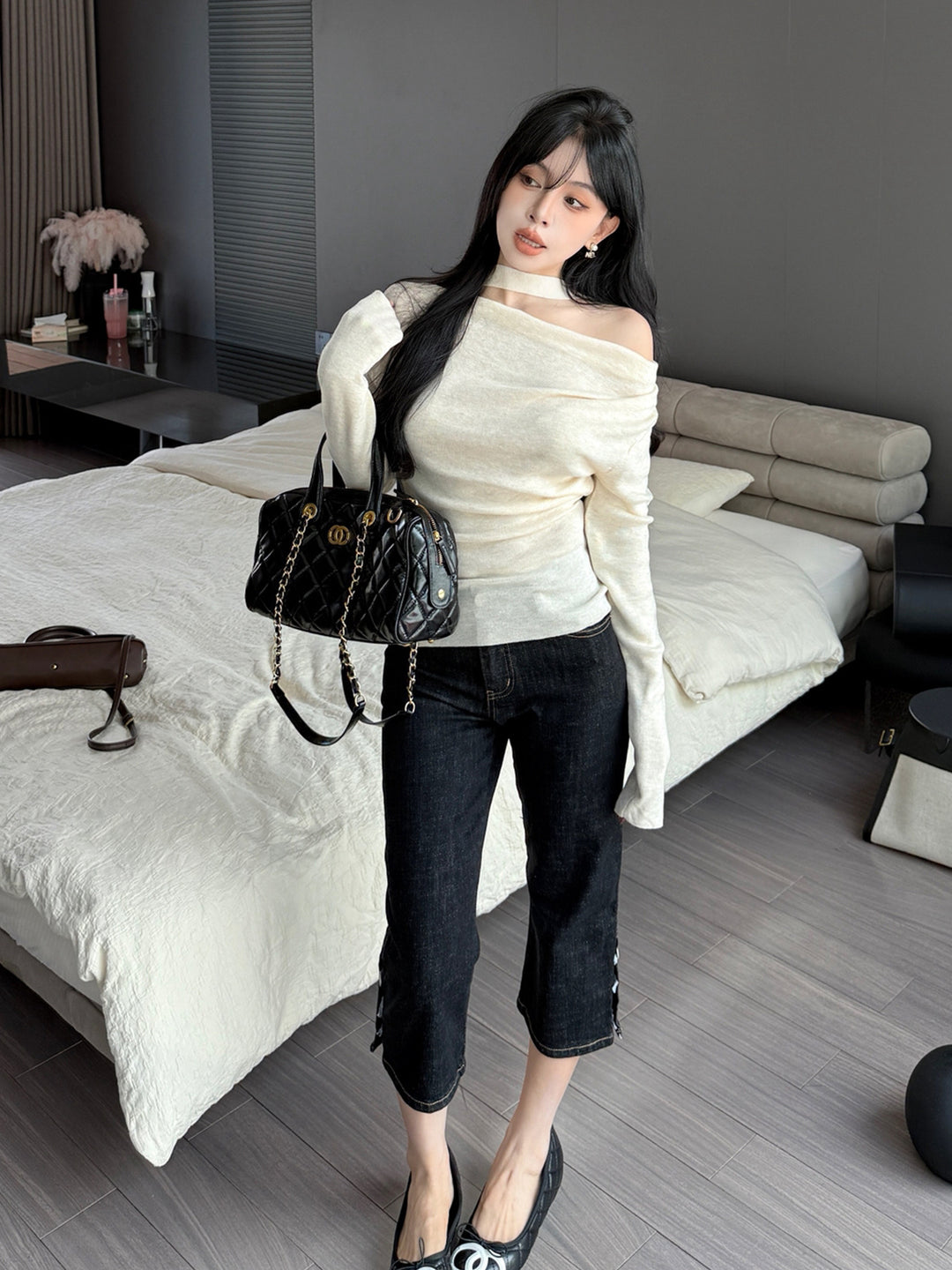 【tops】スカーフ付きニットトップス Q9217