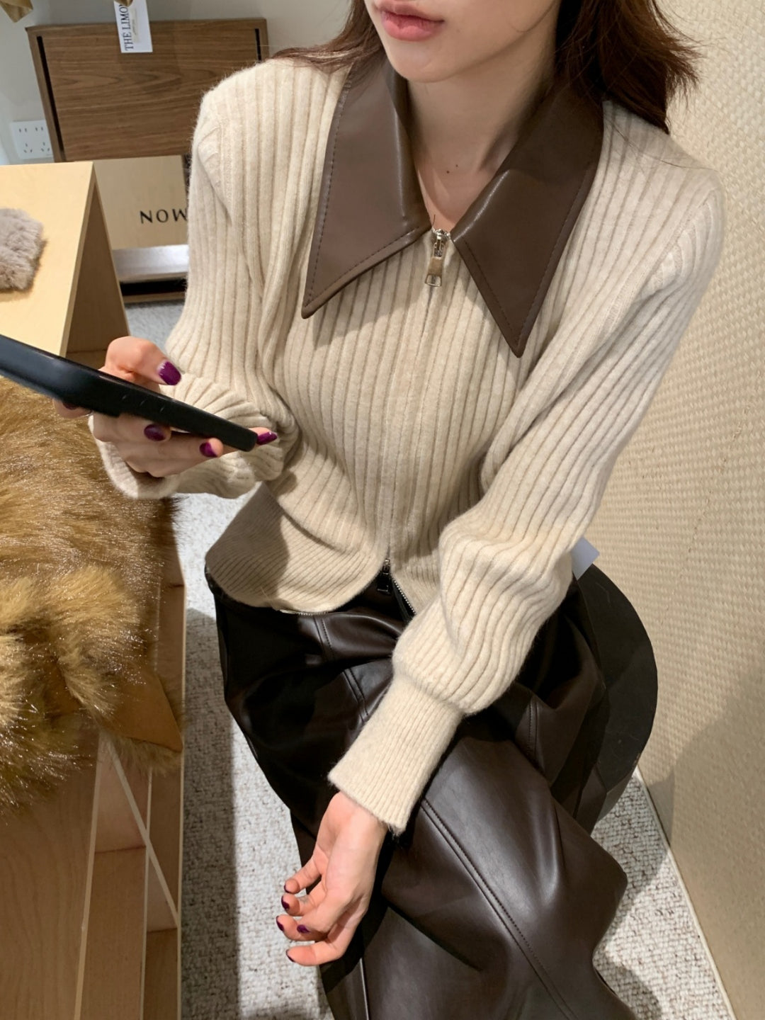 【outer】PUネックドッキングニットカーディガン Q9267