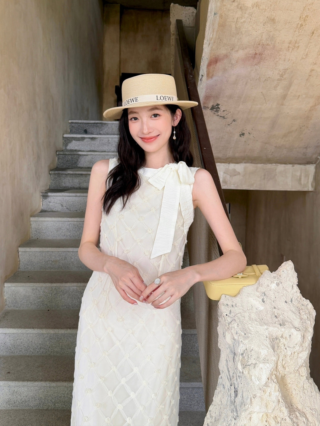 【dress】ノースリーブリボン付きロングワンピース Q8679