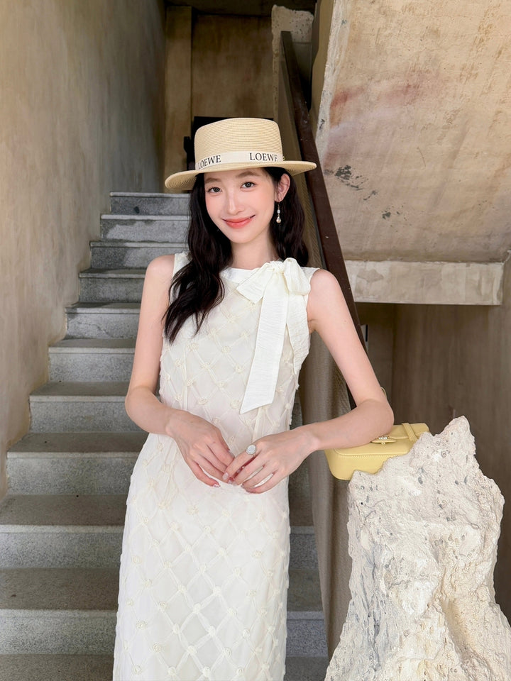 【dress】ノースリーブリボン付きロングワンピース Q8679
