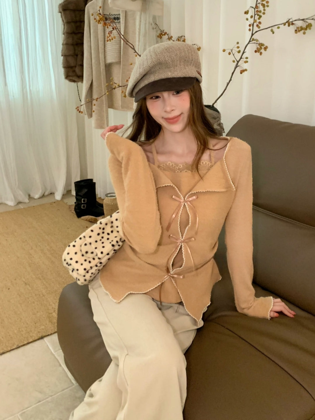 【tops】リボン付きフェイクレイヤードトップス Q9292