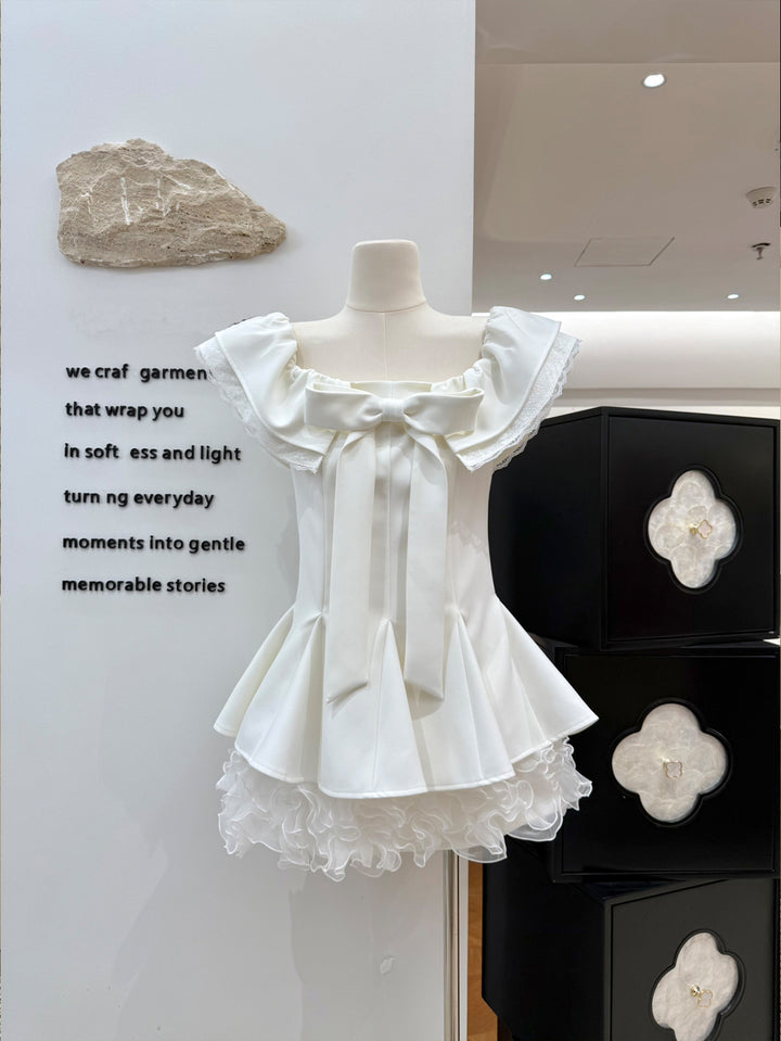 【dress】リボン付きレースドッキングミニワンピース Q8692