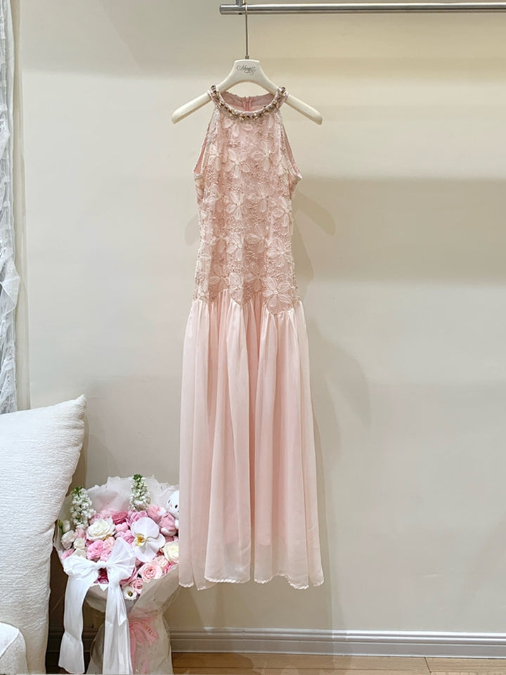 【dress】ノースリーブレースドッキングロングワンピース Q8685