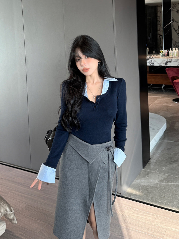 【tops】フェイクレイヤードニットトップス Q9191