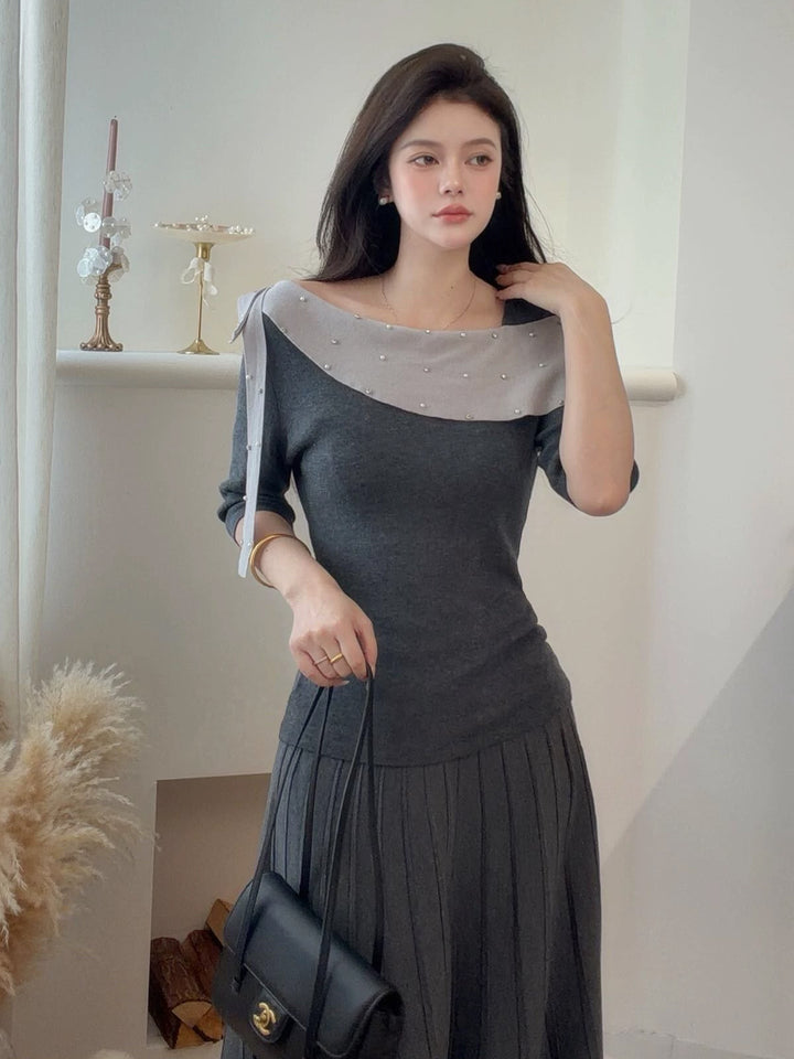 【tops】ラインストーン付きロールカラーニットトップス Q9076