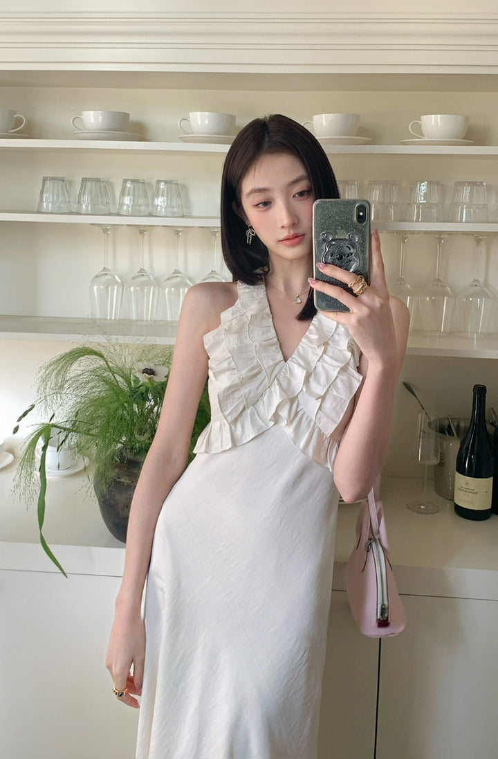 【dress】ノースリーブVネックギャザーフリルワンピース Q8678