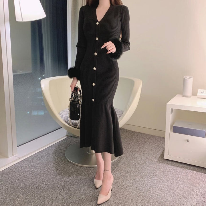 【dress】袖ファー マーメイドニットワンピース　M26156