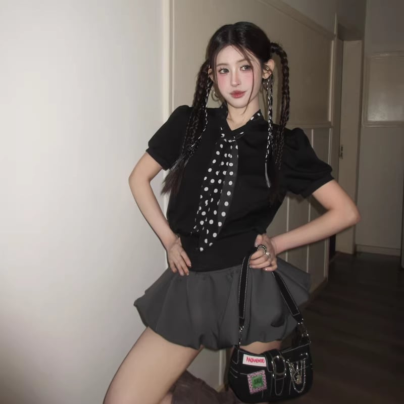 【tops】スカーフカラー半袖トップス Q8212