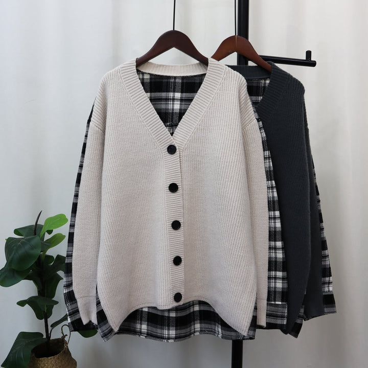 【outer】チェック柄ドッキングニットカーデ　M18259