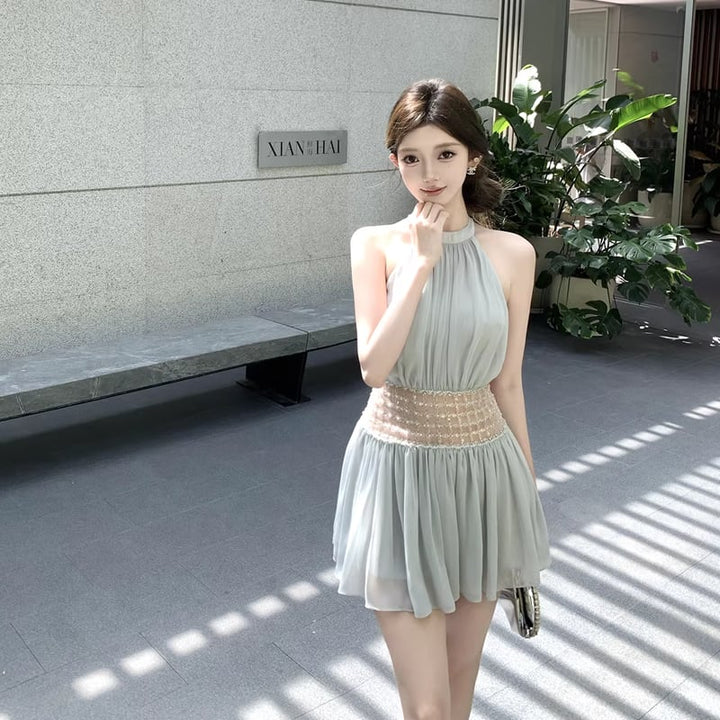 【dress】ビーズ付きノースリーブチュールミニワンピース Q8406