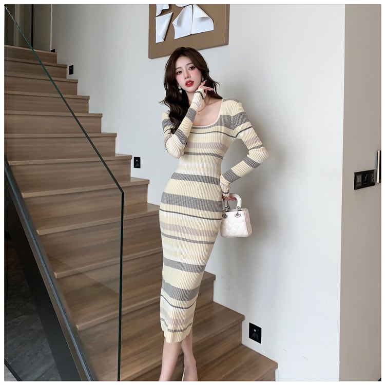 【dress】目立つ！ボーダー柄ニットワンピースオシャレ　M17464
