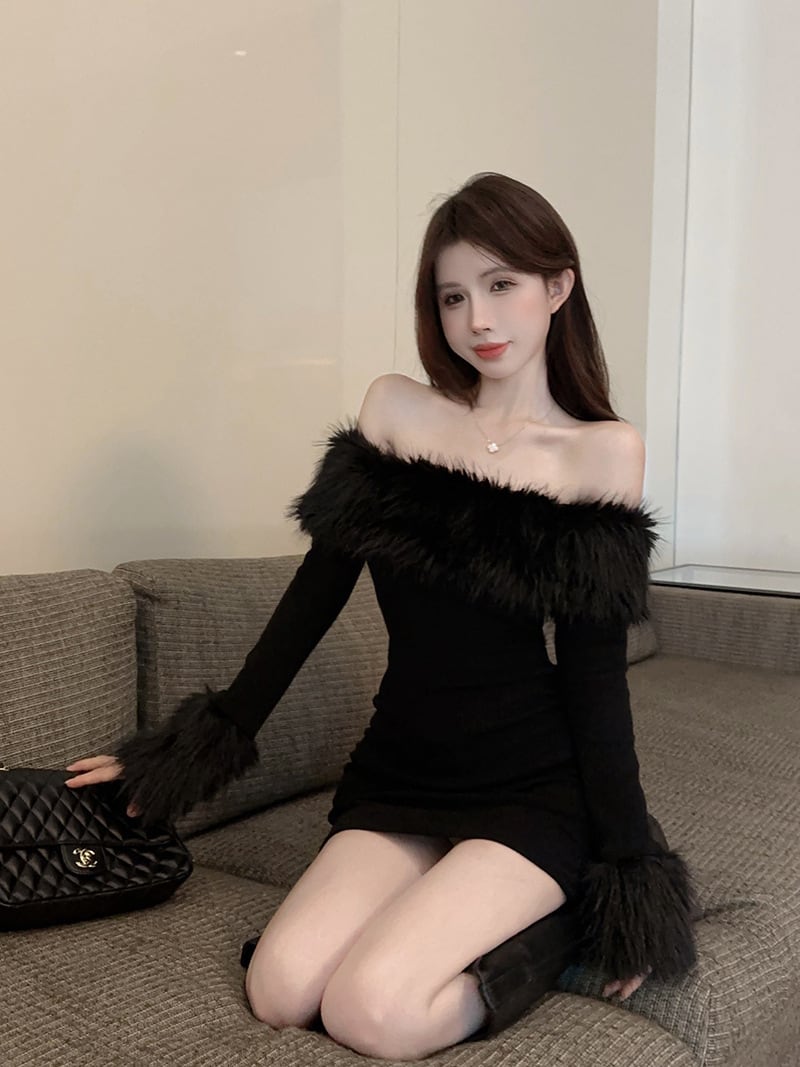 【dress】ファーボートネックワンピース　M26483