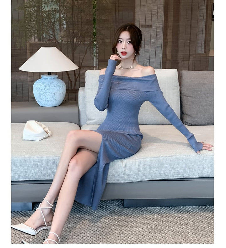【dress】ボートネックスリットニットワンピース　M18085