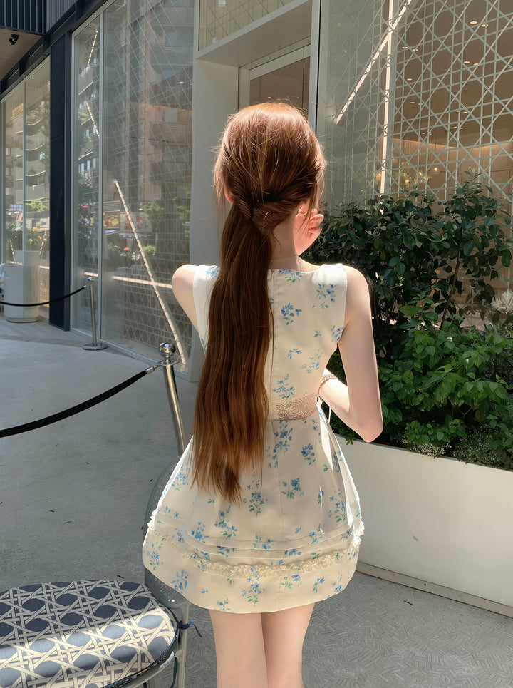 【dress】フラワー柄レースドッキングワンピース Q8757