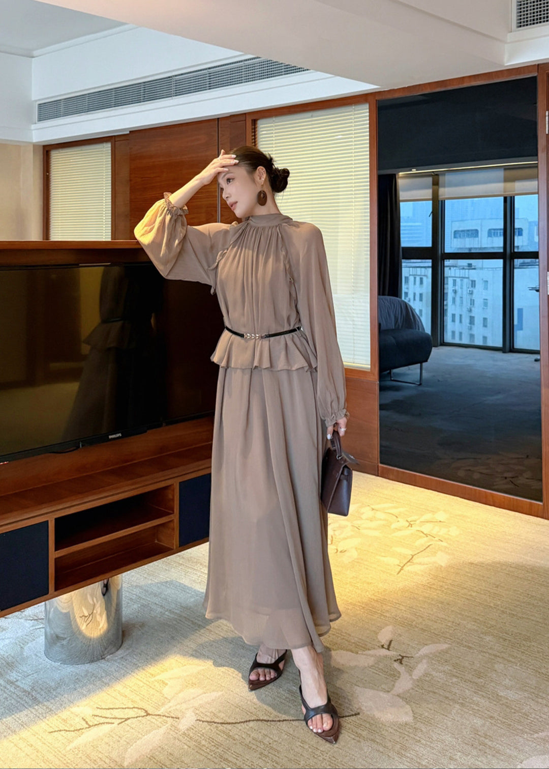 【dress】ベルト付きバックリボンロングワンピース Q8984