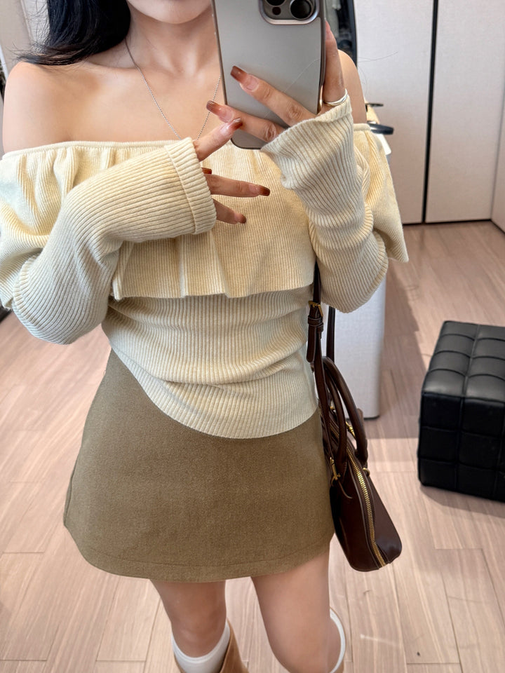 【tops】3色展開オフショルダーニットトップス Q9201