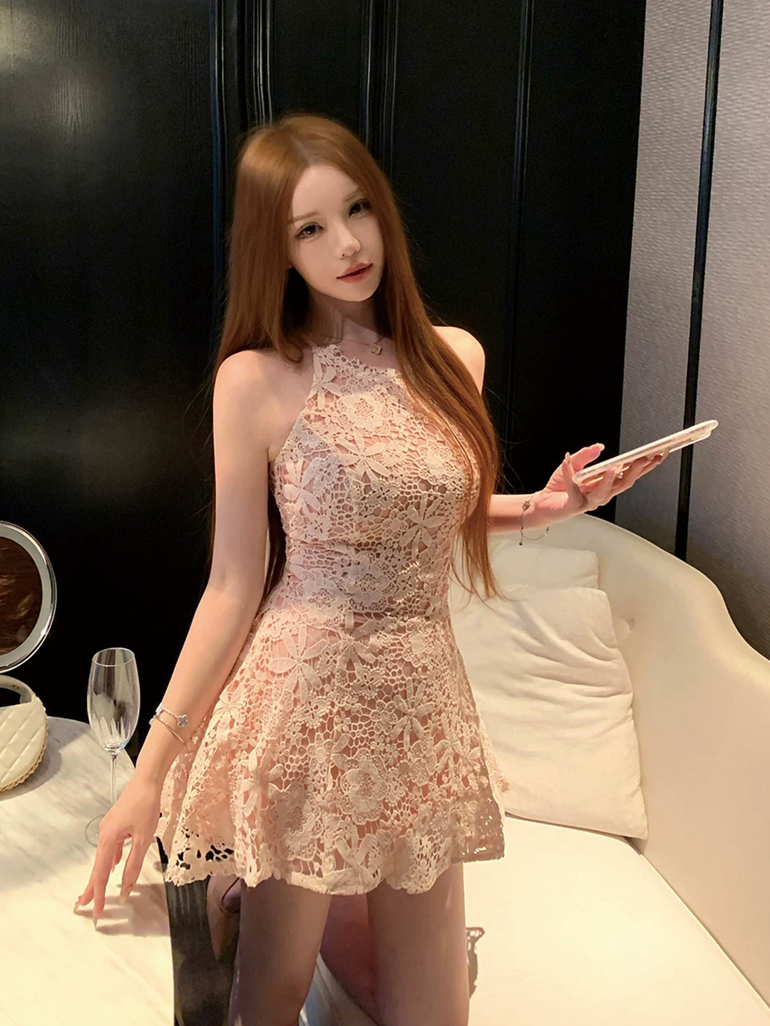 【dress】ベルト付きノースリーブレースワンピース Q8755