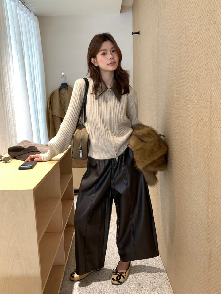 【outer】PUネックドッキングニットカーディガン Q9267