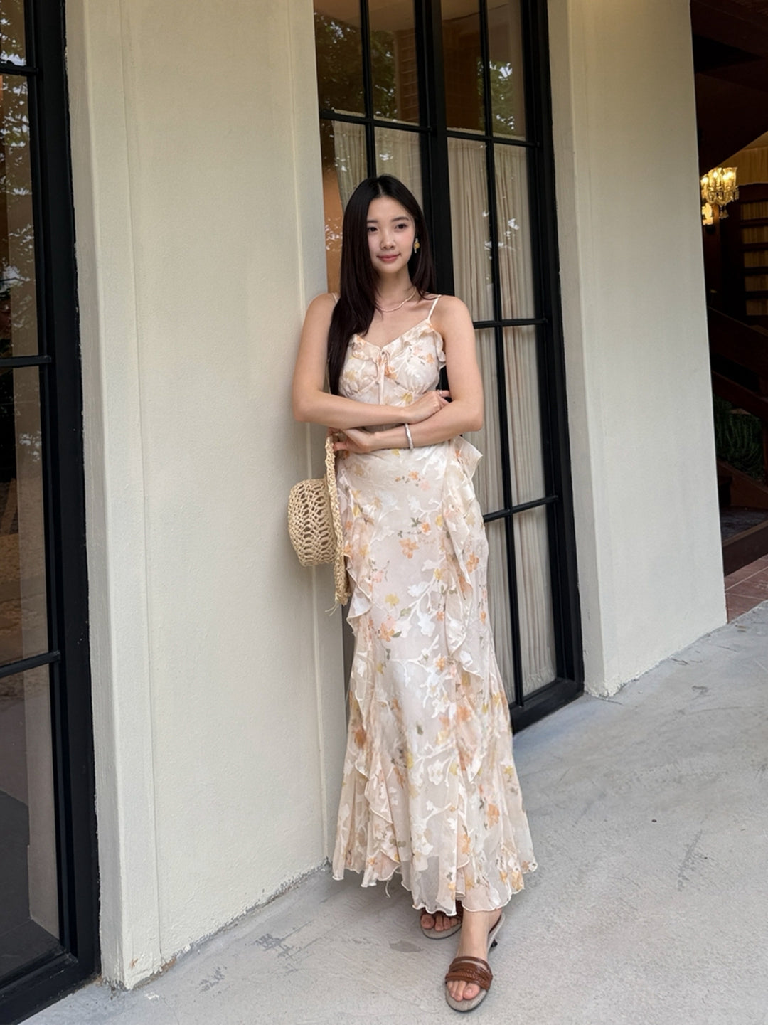 【dress】フラワー柄ギャザーフリルロングキャミワンピース Q8668